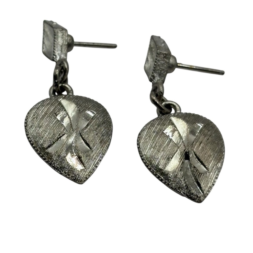 Heart Earrings Dangle Drop Etched‎ Silver Tone Brushed Vintage Dainty Timeless